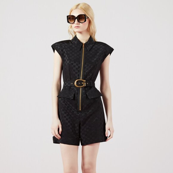 Gucci Black Monogram Jacquard Faille Jumpsuit with Belt - Picture 1 of 14